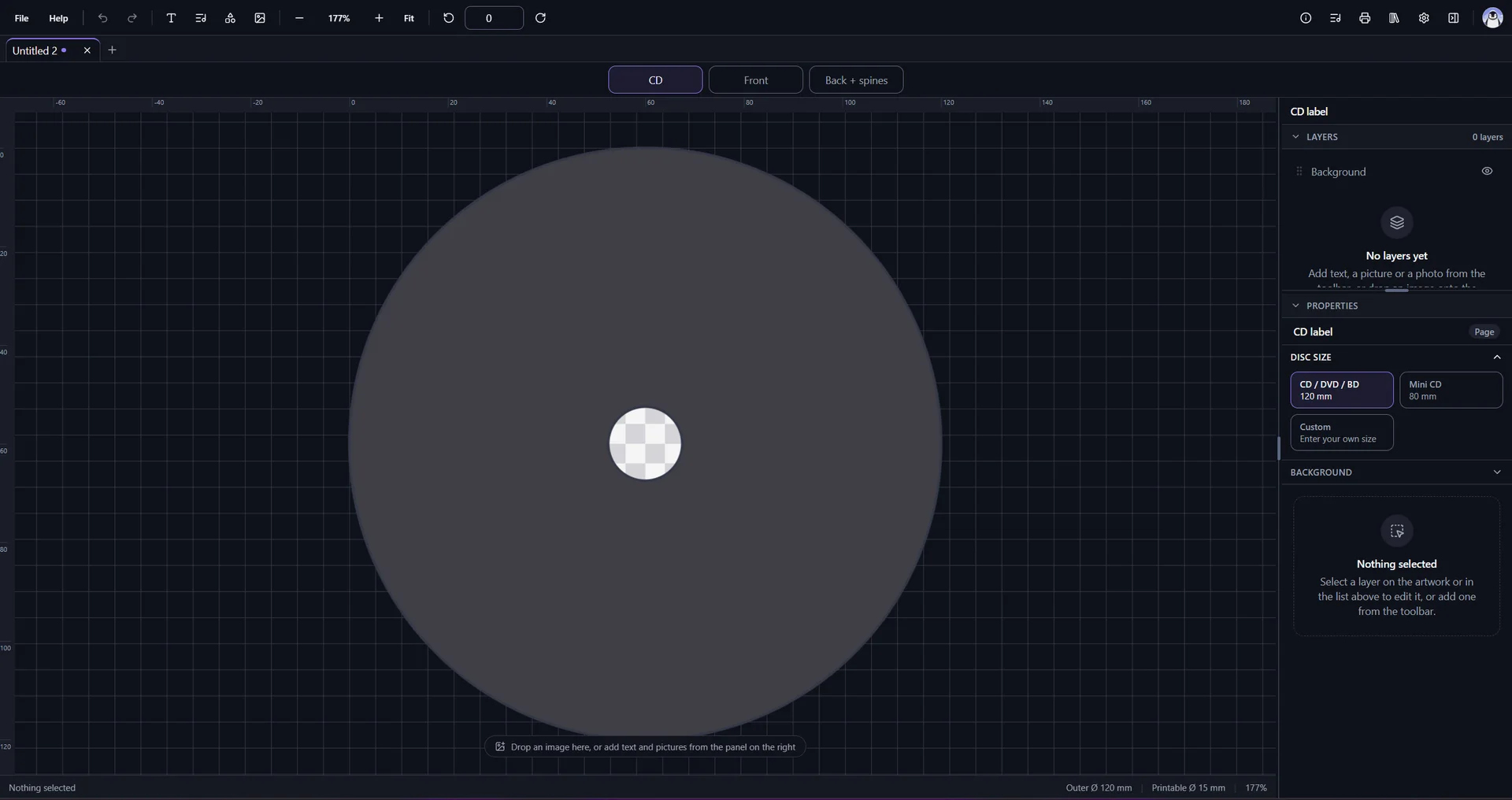 Ceedero editing a circular CD label on a measured canvas